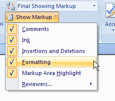 Checking the Show Markup Options Checking the Show Markup Options
