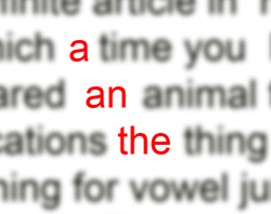 Words on a page are blurred out. The only words showing are "a," "an," and "the." These words are focused and written in red.