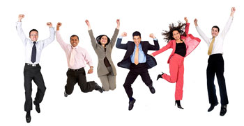 Our editors explain how to use interjections properly. Six people jumping in the air with their arms up; showing the significance of using interjections in writing.
