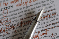 A close-up of a written assignment. The assignment has been marked in red pen by a professional editor; the pen is resting on top of the assignment.