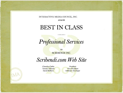 A certificate awarding Scribendi.com with Best in Class from the Interactive Media Awards.