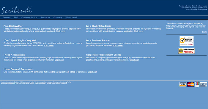 Scribendi's second website from 2003.