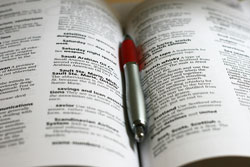 An open APA style guide with a red pen in the crease of the book, indicating that a student is looking up the errors in the APA Style Guide.