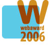 The 2006 WebAward logo. There is a blue background with orange writing that reads "Webaward 2006."